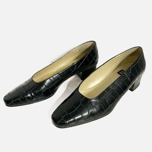Vintage Nine West Alligator Print Leather Slip On Squarish Toe Heels Block Heels